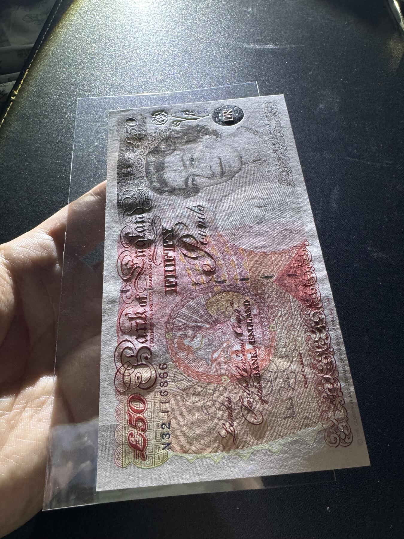 【外币出坑】0元0佣金起拍 无保留价 英国E序列 50磅 倒置号AU-Unc 如图