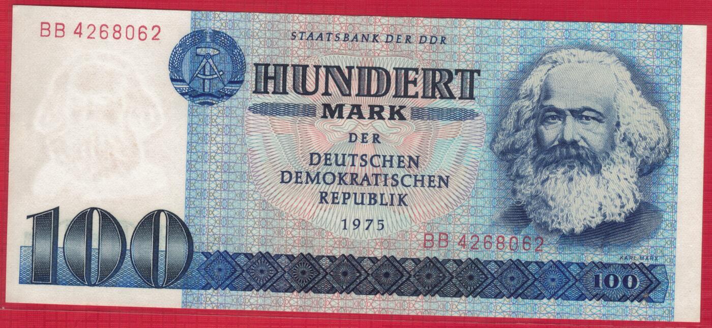 德国(东德 民主德国)1975年100马克 P-31a 宽序列号 实物图 UNC