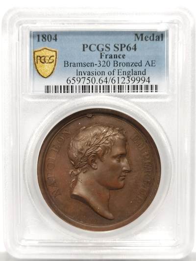 博洋堂世界钱币拍卖第153期（全场包邮） - PCGS SP64 冠军分！法国1804年拿破仑入侵英格兰原铸铜章 拿破仑稀有头像版 巴黎造币厂完美巧克力包浆 铭文：纪念第2000艘战舰落成 背面身强力壮的大力神赫拉克勒斯（法兰西）驯服狮子（英格兰） 体现出拿皇征服全欧愿望和不可一世气概