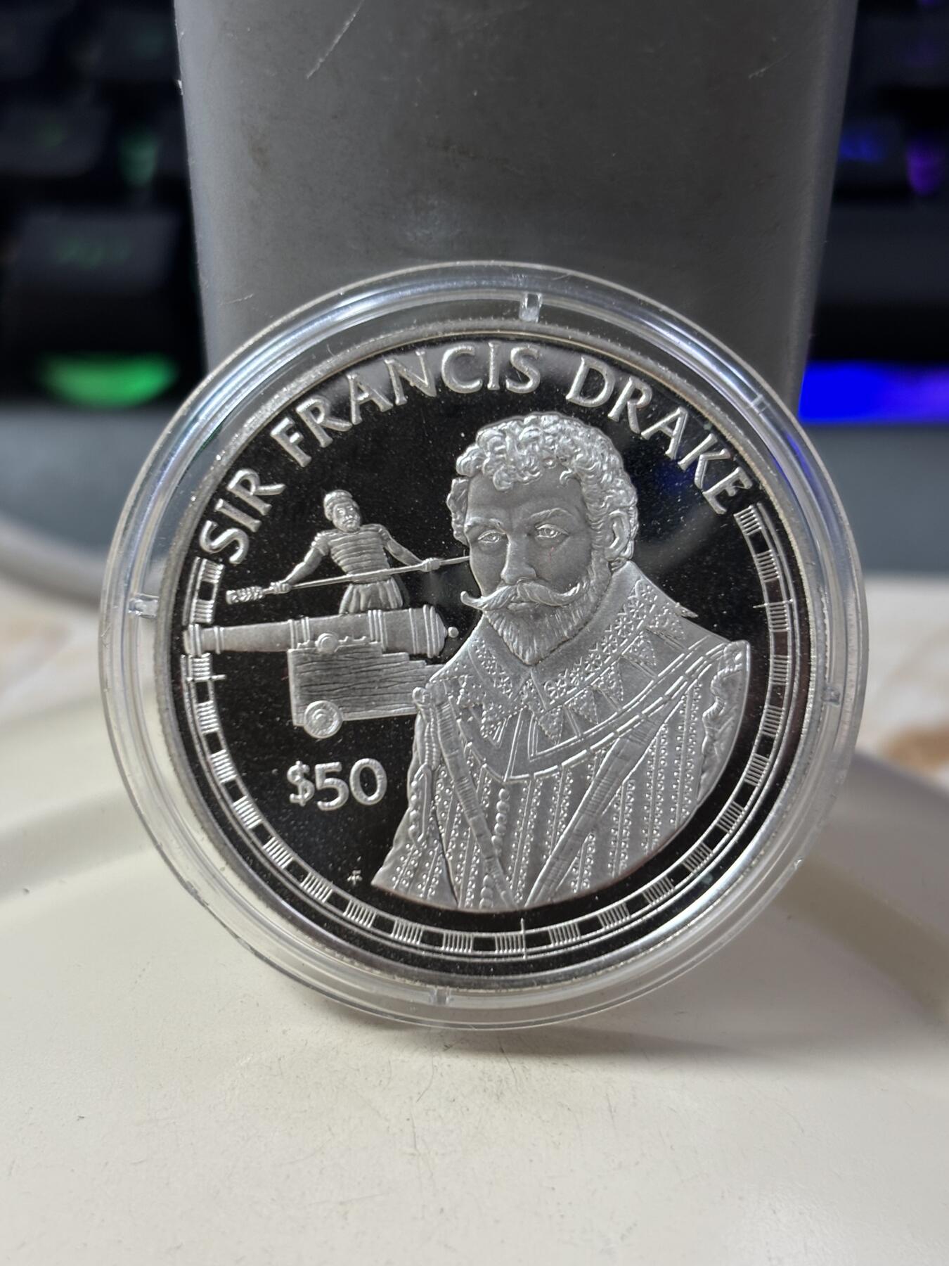 第185期拍卖 库克1988年弗朗西斯·德雷克爵士纪念银币，20.94克，925银，银价289.6元