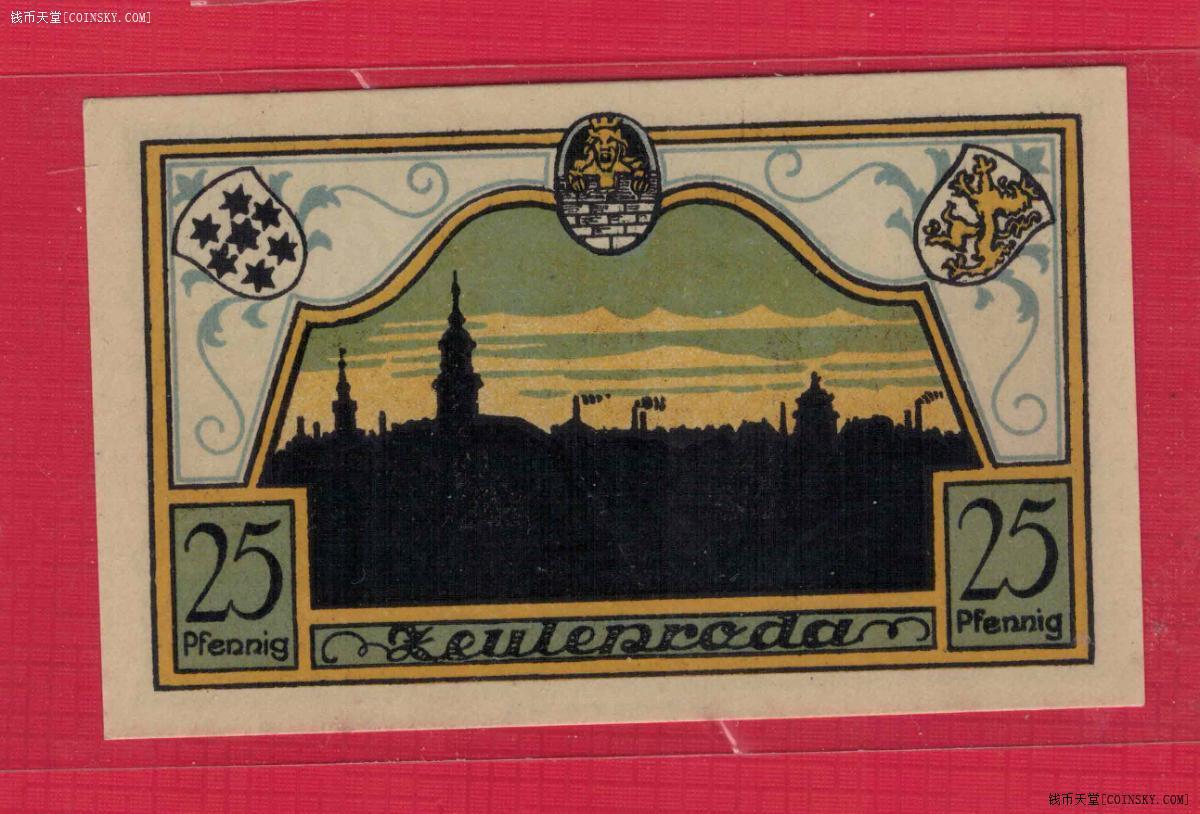 德国1921年25芬尼 图林根州措伊伦罗达地方应急代用币 实物图 UNC