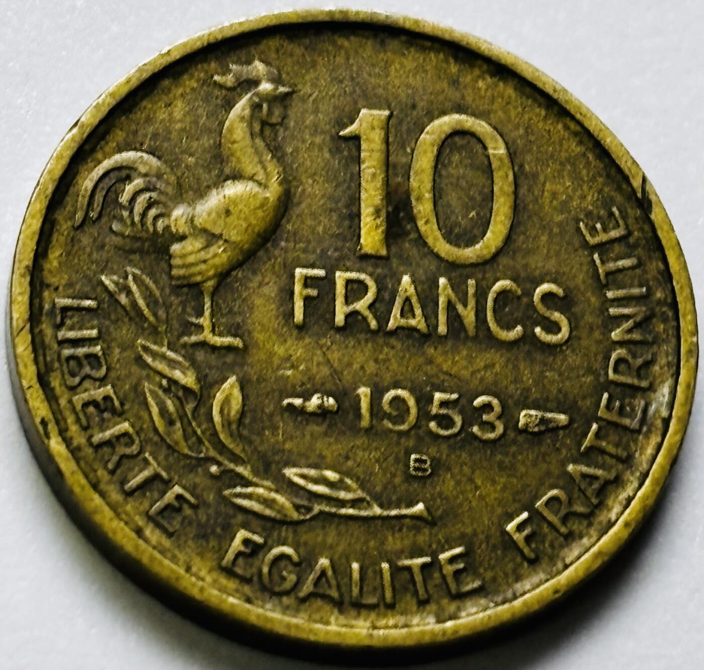 文馨钱币收藏第 286 场，圣诞节专场【 长期接收代拍品低至 0 佣金】 铜光美品 1953 年法兰西第四共和国 第六版本 B 厂（斯特拉斯堡造币厂）  10 法郎铜币