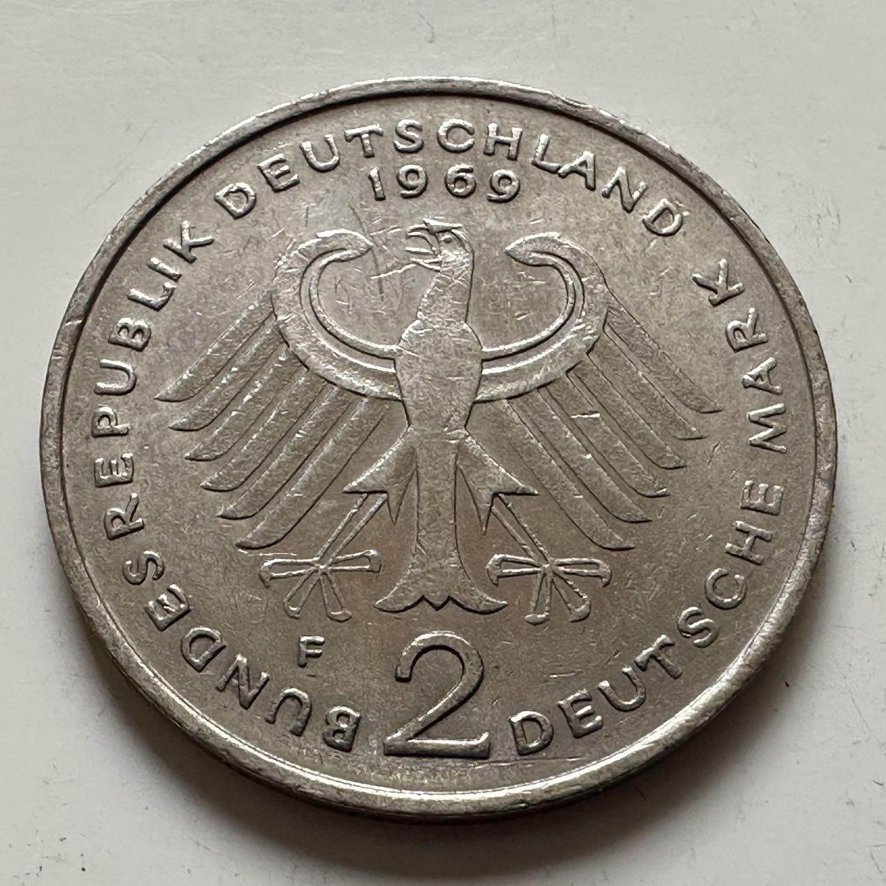 🌹外币初藏🌹🐯2025年第143场  每周二四六晚8️⃣点 接代拍 德国1969年F版 2马克 阿登纳