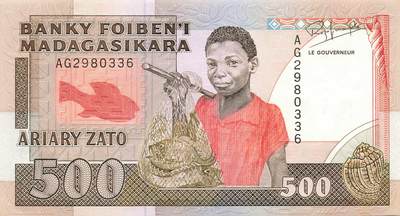 小福收藏拍卖第197期 裸钞场 本期有多张豹子号靓号 百慕大03年50元纪念钞百位号 马来亚和英属婆罗洲开国第一张纸币大冠女王 马来亚 41年1元英王乔六 法属太平洋10000法郎 捷克1000克朗纪念钞千位号  卢森堡 1000法郎  萨尔瓦多样钞 匈牙利 法罗群岛 危地马拉等多国精美纸币 - 马达加斯加 1988-93年 500法郎 无47 紫外潮 unc