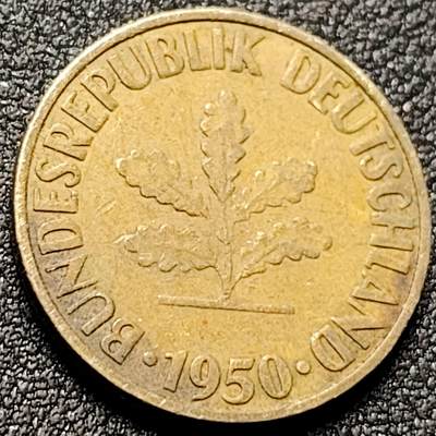 泉币菌-第151场-精品福利场 - 1950年 德国 10芬尼 铁芯镀黄铜硬币 五叶橡树 21.5毫米 纪念币铜钱