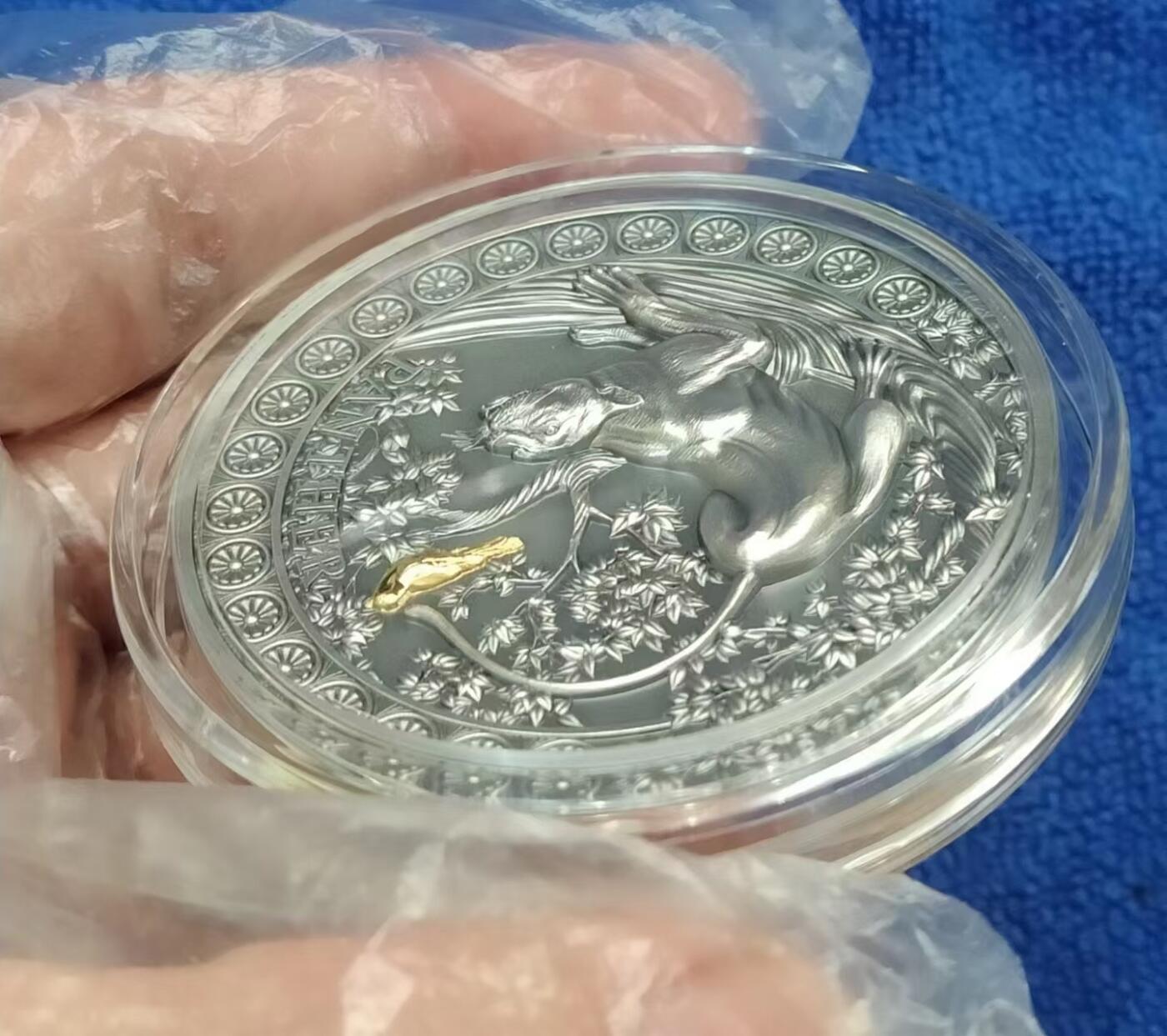 第185期拍卖 【龙头币】加纳2022，狂野杀手(1)-黑豹猎鸟，50克加大(直径达50mm)超高浮雕,仿古镀金银币. 盒证全. 龙头币 (狂野系列第一枚)，该系列即将发行第三枚. 实物图案超漂亮、立体. 新热门，国外售价348美元