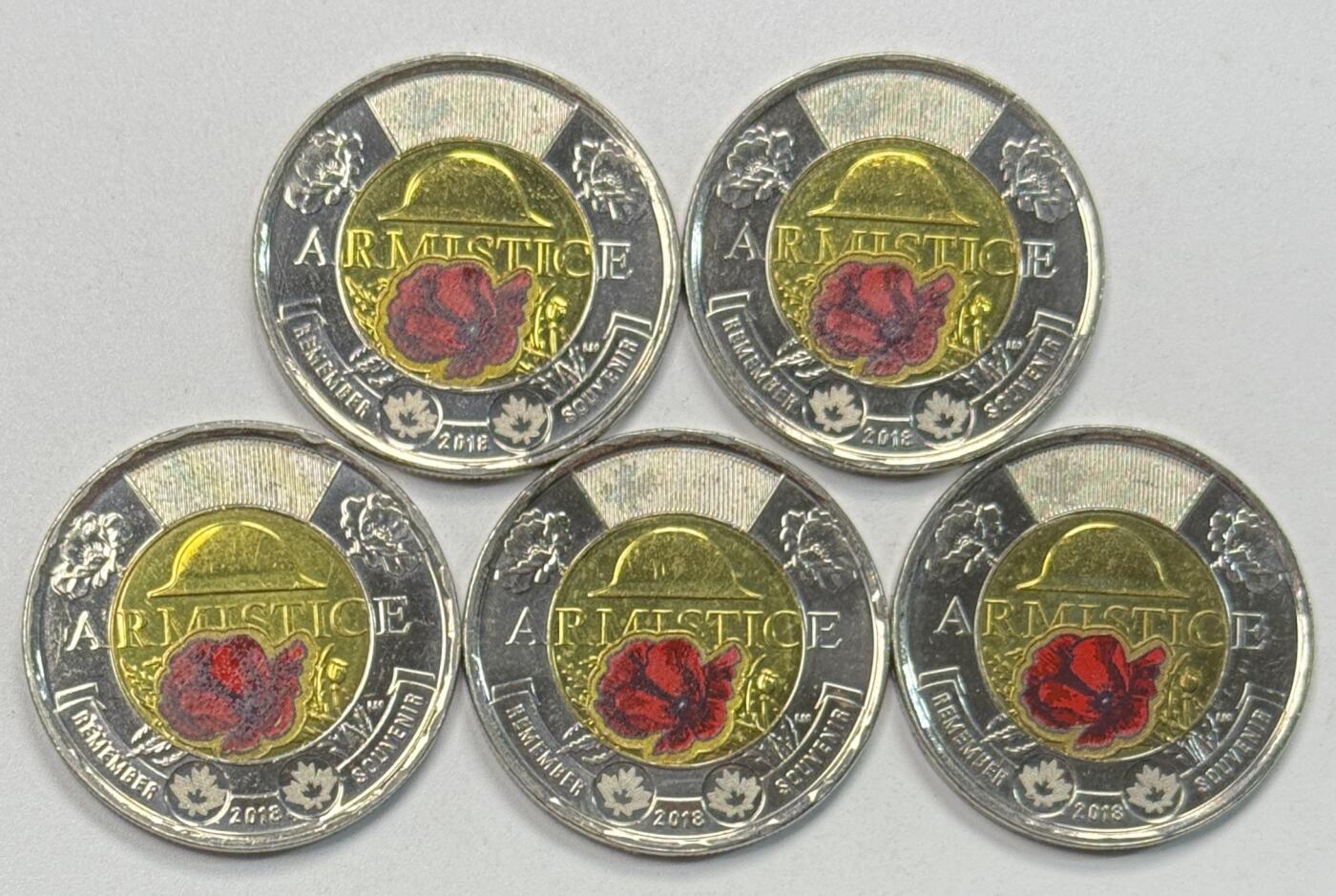 S&S Numismatic世界钱币-拍卖 第117期  5枚一起-加拿大2018年 一战停战百年 2加元双色镀彩纪念币