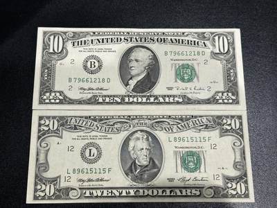 《外钞收藏家》第五百九十五期（优品场）（本平台长期征集拍品、欢迎藏友们联系合作） - 美国小头版10和20美元 2张一起 非全新 品相如图