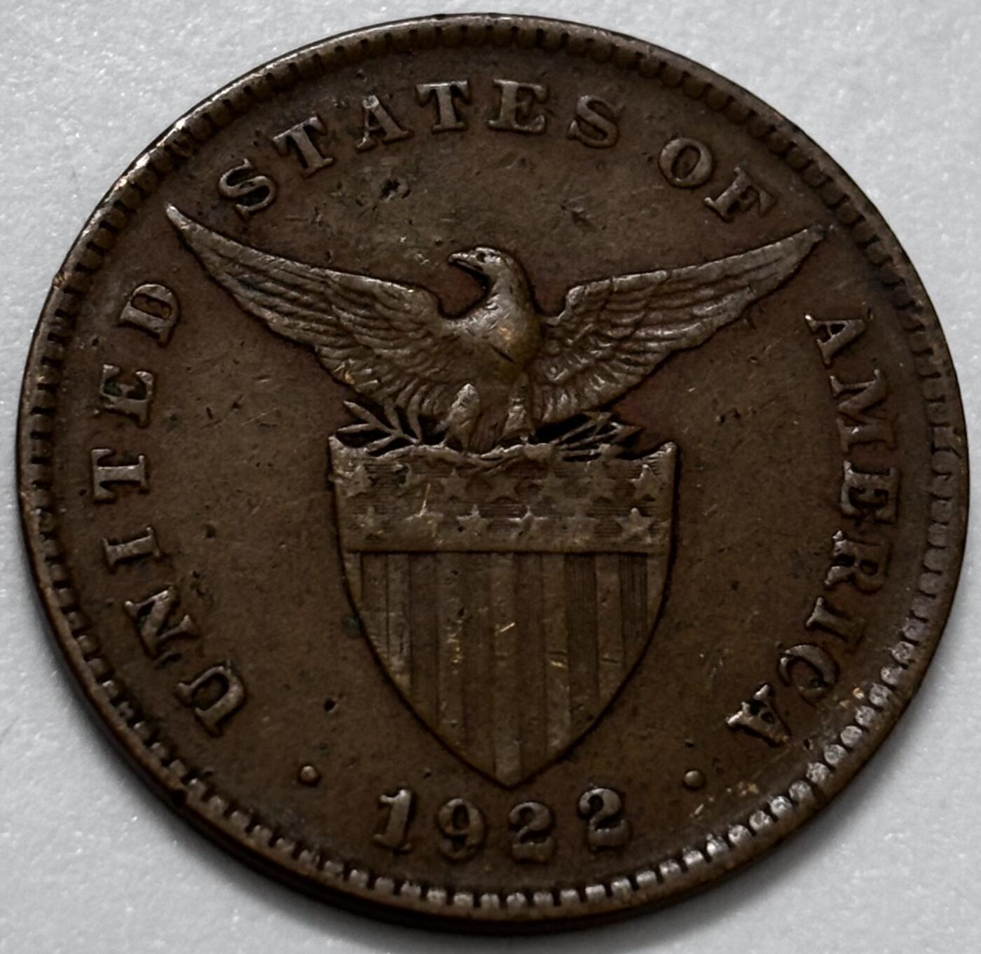 文馨钱币收藏第 286 场，圣诞节专场【 长期接收代拍品低至 0 佣金】 少见年份极美品 1922 年美属菲律宾 1 分铜币