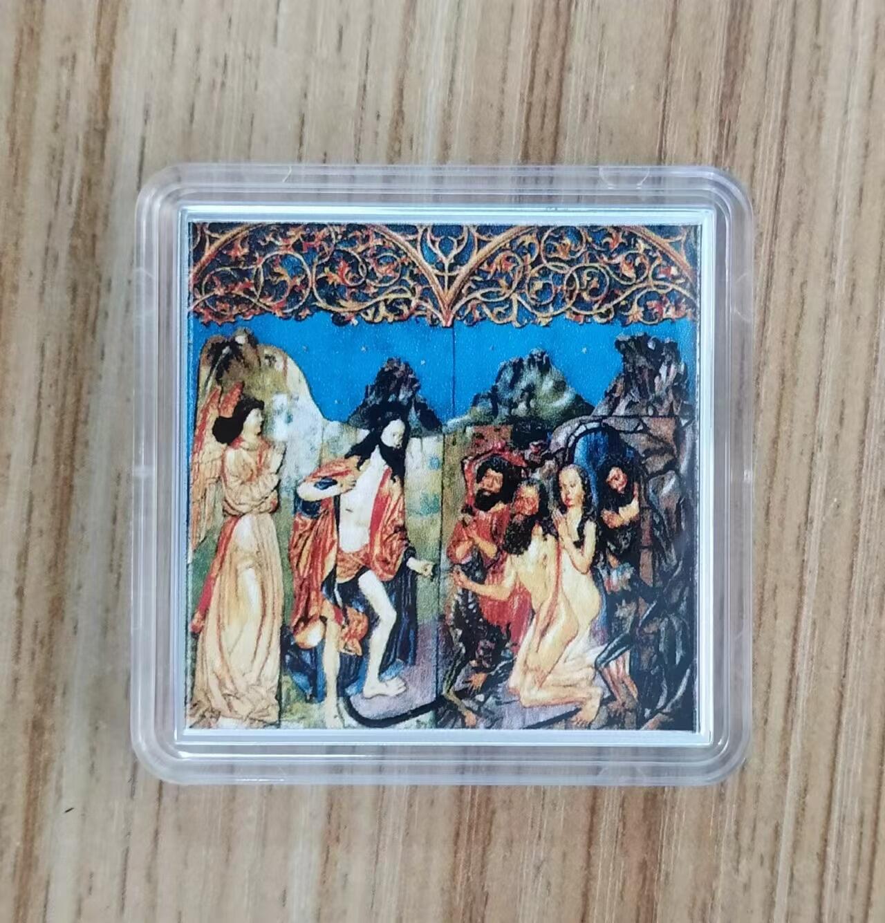 第185期拍卖  纽埃2016年，罗马诺 名画系列-“耶稣和抹大拉的玛利亚”，异形、彩色精制银币. 盒证全. 带展示支架的原盒，高颜值漂亮银币. 大师名画系列银币. 国外售价151美元