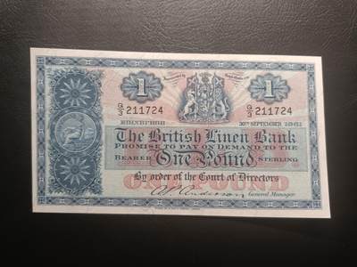 2025十二月第四期，总209期 - 苏格兰不列颠亚麻银行1961年1镑UNC-，不列颠尼亚女神，后期小票幅版本，少见品种