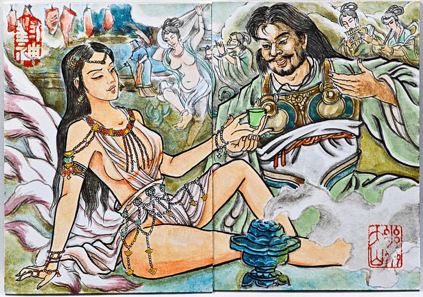 白泽拍卖卡牌手绘专场第30期（白金之夜 跨年大拍） 2025 卢艺丰手绘卡 双拼卡 封神 妲己&纣王  卢艺丰亲签 卡砖封装