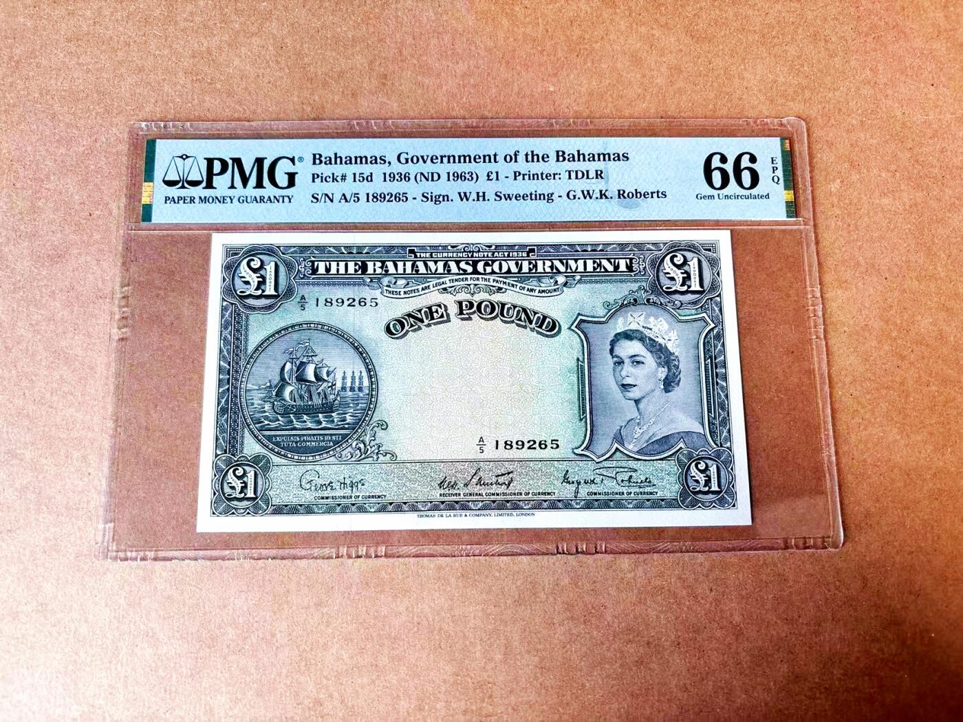 【Blue Auction】世界纸币精拍第765期——18级TOP拍卖/信誉/品质/专业/高效💫 【无47】巴哈马 1963年1镑 大冠女王 PMG66EPQ 