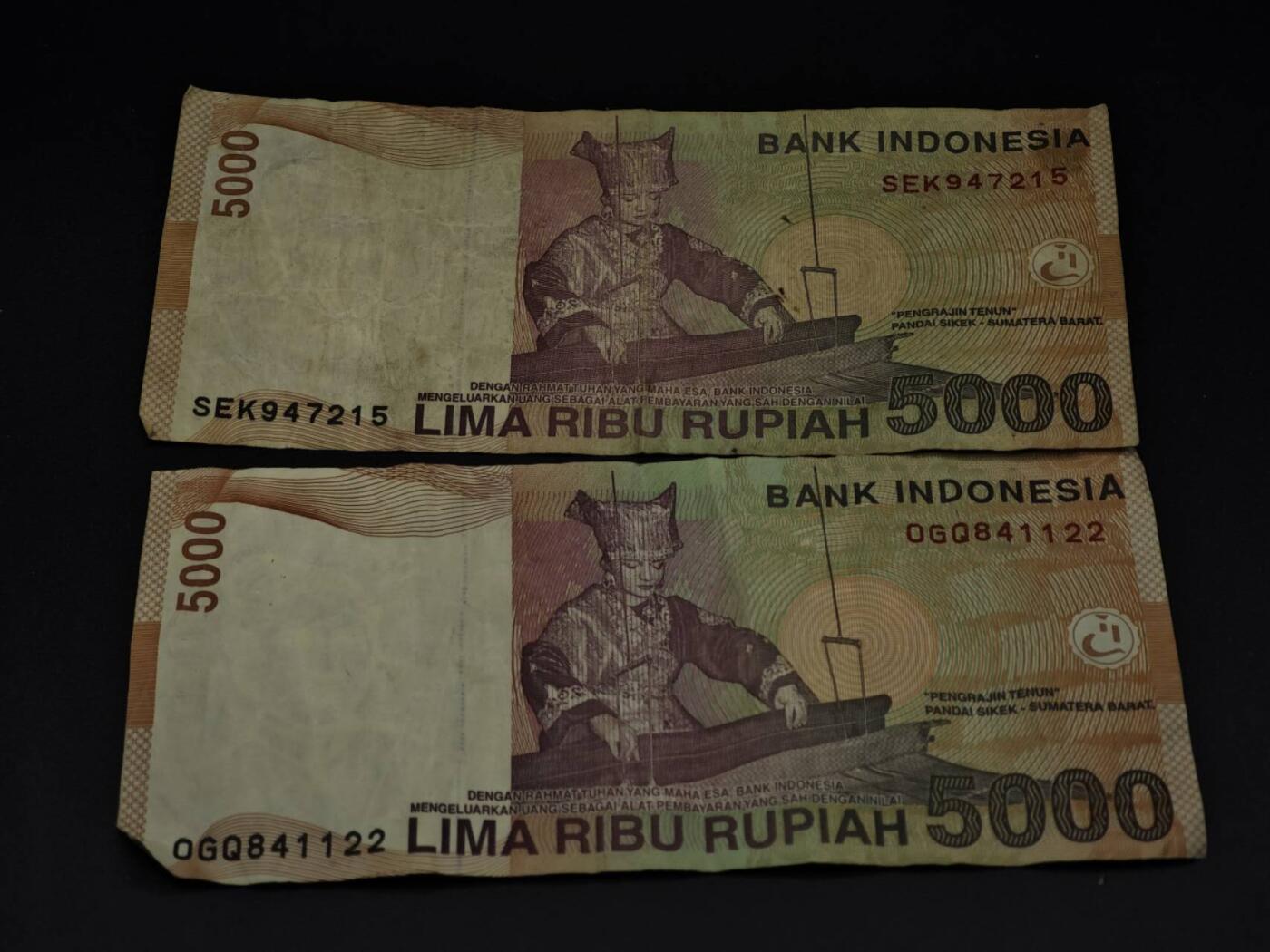 【淘币小摊】限时拍第八百三十四拍  纸币场  满百包邮可预留两周  周一统一发货  印尼5000卢比纸币2张【有折】