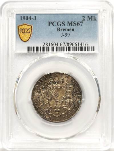 博洋堂世界钱币拍卖第153期（全场包邮） - PCGS MS67 德国不莱梅自由市1904年流通2马克，炫彩，超高分Top!