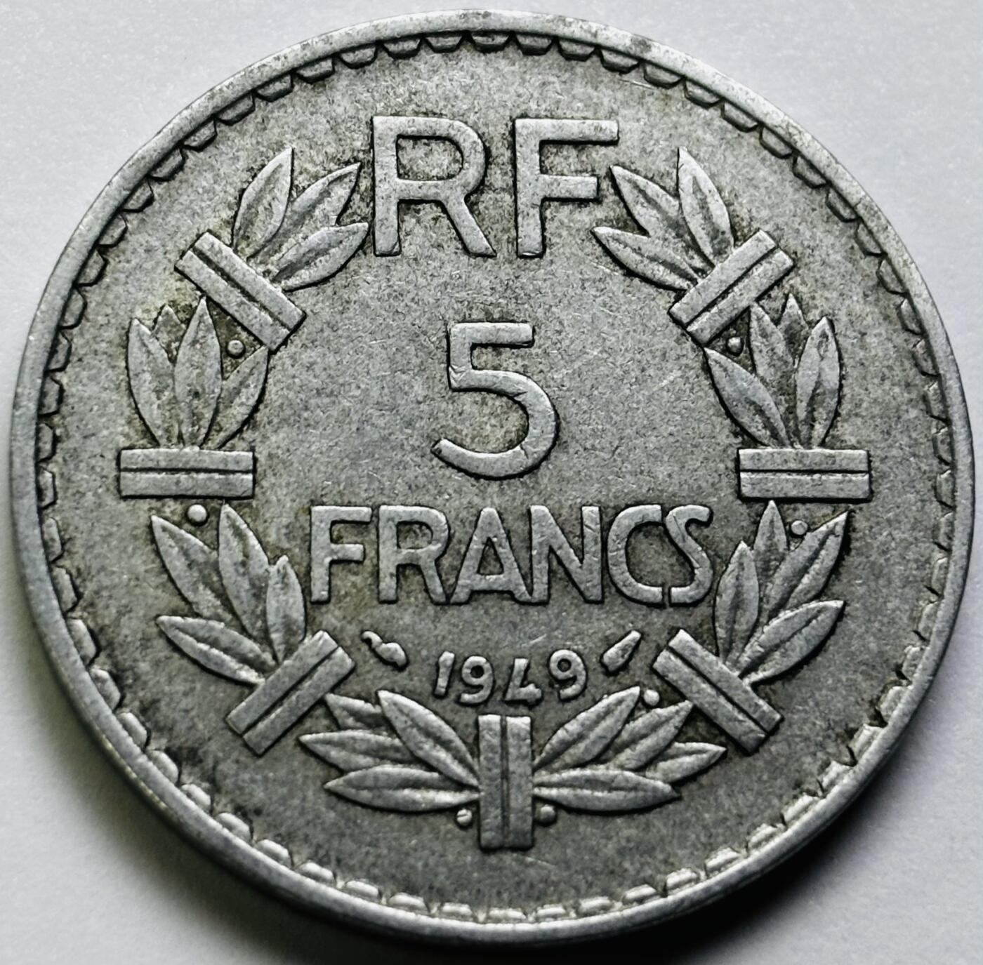 文馨钱币收藏第 286 场，圣诞节专场【 长期接收代拍品低至 0 佣金】 1949 年法兰西第四共和国 第一版本 5 法郎大铝币