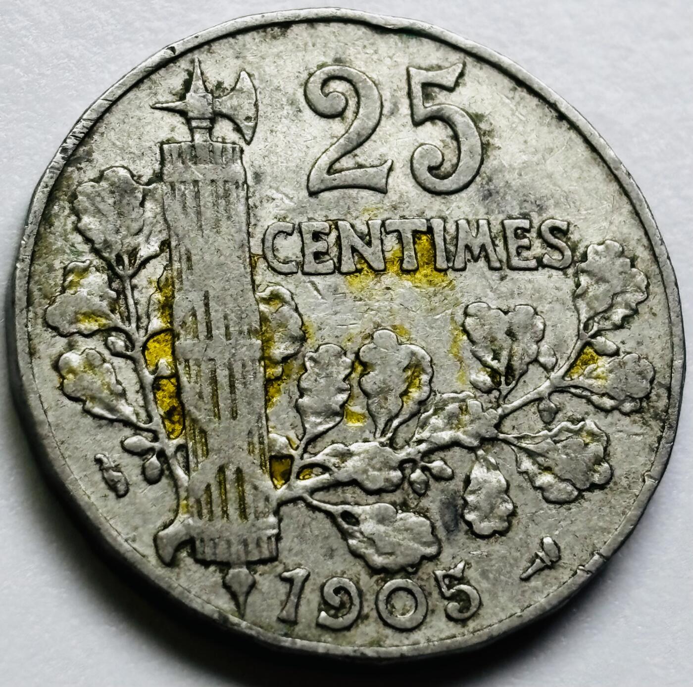 文馨钱币收藏第 286 场，圣诞节专场【 长期接收代拍品低至 0 佣金】 1905 年法兰西第三共和国 第二版本 25 分，只发行 2 年关门版