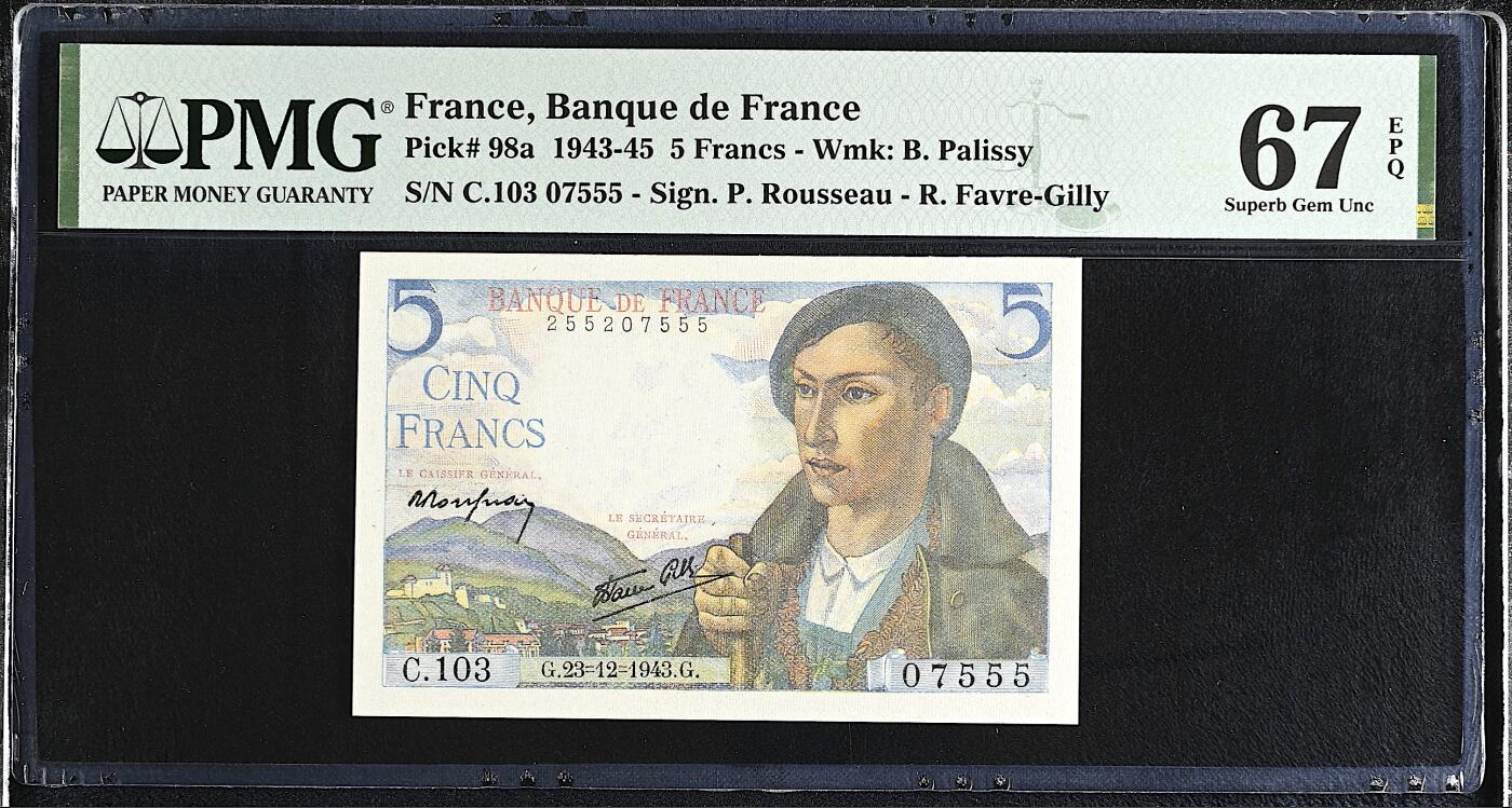 《艾美收藏》第225期-12.15周日外币精选场 豹子号 法国5法郎 PMG67E 1943年首发年a版 无4豹子号