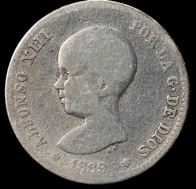 修遠堂世界钱币第九十八期 - 1889年西班牙双柱1 PESETA银币 4.74g，含银83.5%  稀少年份，书价高