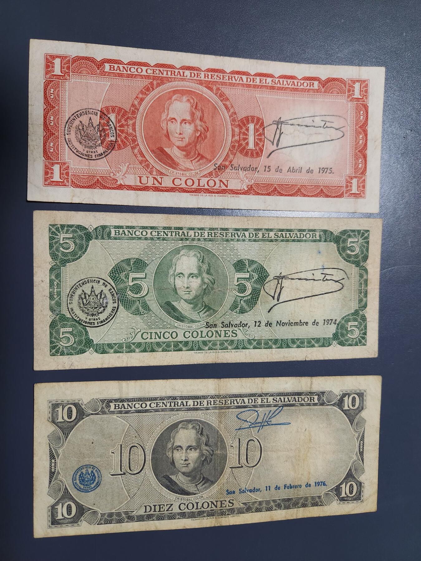 12月21号晚上8点 外国纸币自动截拍第75场 萨尔瓦多1971-74年1-5-10科朗纸币 第二版，稀少