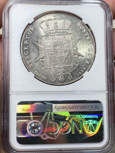 万国钱币拍卖第058期（万国新年大拍） NGC MS65 1846年意大利托斯卡纳利奥波德二世4菲奥里尼大银 醇厚欧陆淡金彩 光泽在底板上展开如丝绸般顺滑 极其罕见的BU级收藏品质 正面6点钟方向为坯缺 NGC冠军分