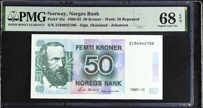 《艾美收藏》第225期-12.15周日外币精选场 - 挪威50克朗 PMG68E 1989年 挪威诗人文耶