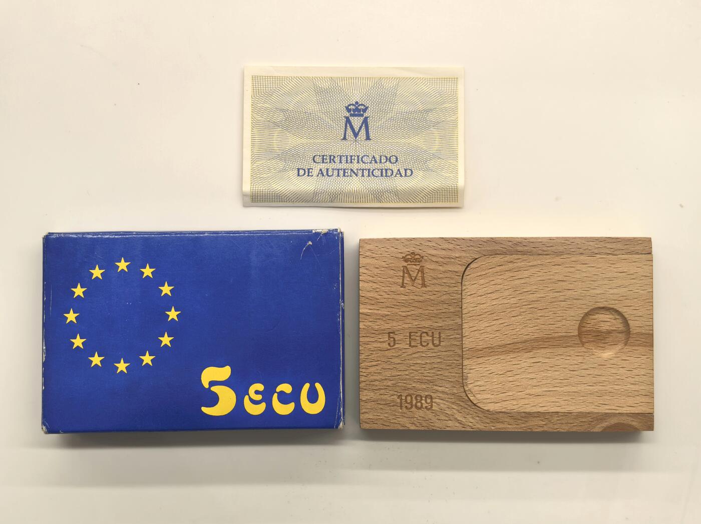 博洋堂世界钱币拍卖第153期（全场包邮） 西班牙1989年5ECU大银币，1盎司925银，带原木盒