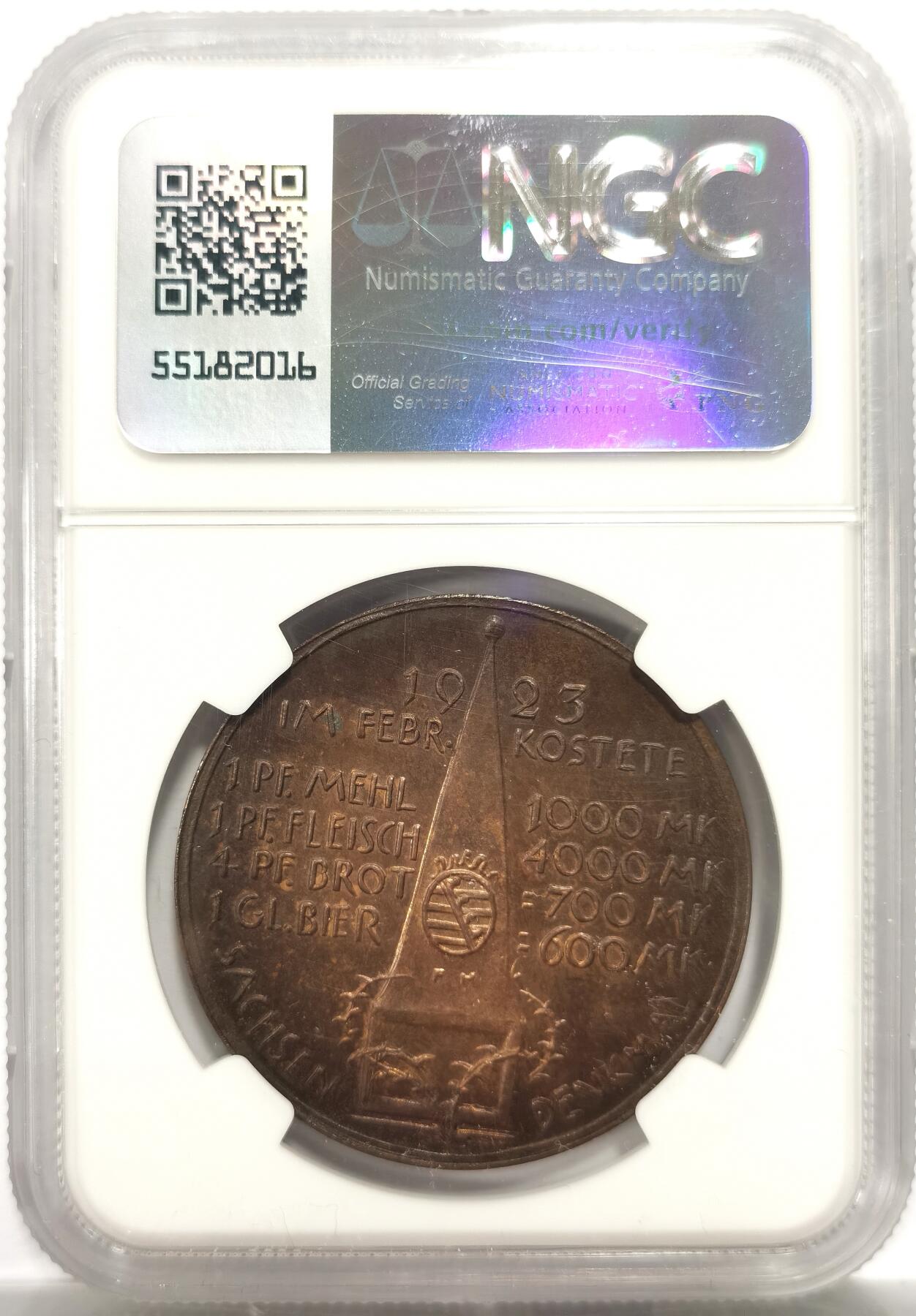 博洋堂世界钱币拍卖第153期（全场包邮） NGC MS64BN 德国魏玛1923年萨克森地区通胀苦难铜章