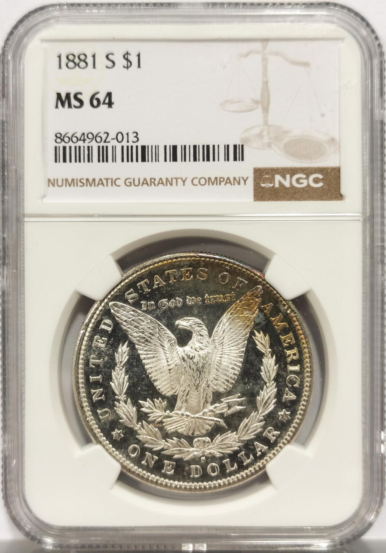 博洋堂世界钱币拍卖第153期（全场包邮） NGC MS64 美国1881年S版摩根大银币，镜面感强烈，带彩包浆