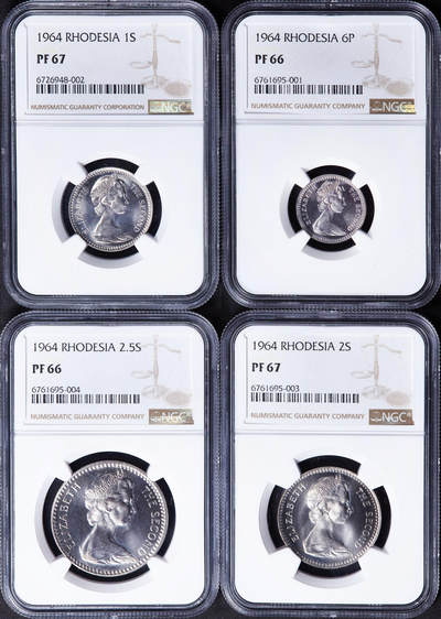 【俄甄集藏】2026年(046)01-07 星期三 晚 19:30 全场包邮 - 英属罗德西亚1964年6便士、1先令、2先令、2.5先令精制硬币4枚一套，NGC PF66-67，稀少品种，发行量只有2060套