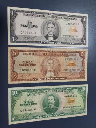 12月20号晚上8点 外国纸币自动截拍第74场 - 多米尼加 1964年1,5,10比索 一套稀少