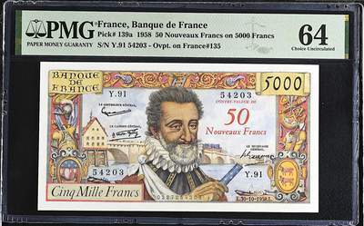 《艾美收藏》第225期-12.15周日外币精选场 - 法国50法郎 PMG64 1958年 法国波旁王朝国王亨利四世 红色加盖版 色彩鲜艳 稀少珍品 原票 仅因为有针孔