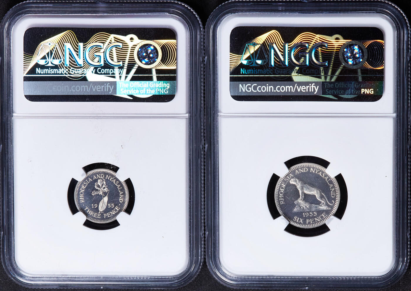 【俄甄集藏】2026年(046)01-07 星期三 晚 19:30 全场包邮 英属罗德西亚-尼亚萨兰1955年1/2便士-半克朗精制铜币、银币7枚大全套，NGC PF63-65，稀有品种，发行量只有2000套