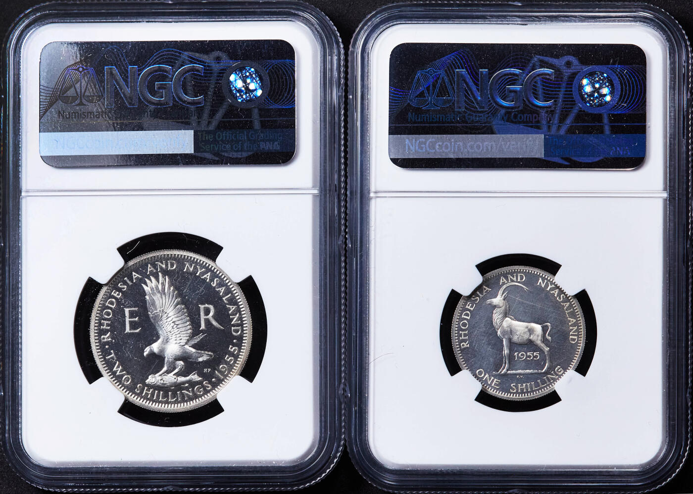【俄甄集藏】2026年(046)01-07 星期三 晚 19:30 全场包邮 英属罗德西亚-尼亚萨兰1955年1/2便士-半克朗精制铜币、银币7枚大全套，NGC PF63-65，稀有品种，发行量只有2000套