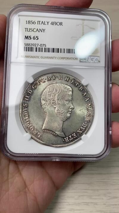 万国钱币拍卖第058期（万国新年大拍） NGC MS65 1846年意大利托斯卡纳利奥波德二世4菲奥里尼大银 醇厚欧陆淡金彩 光泽在底板上展开如丝绸般顺滑 极其罕见的BU级收藏品质 NGC冠军分