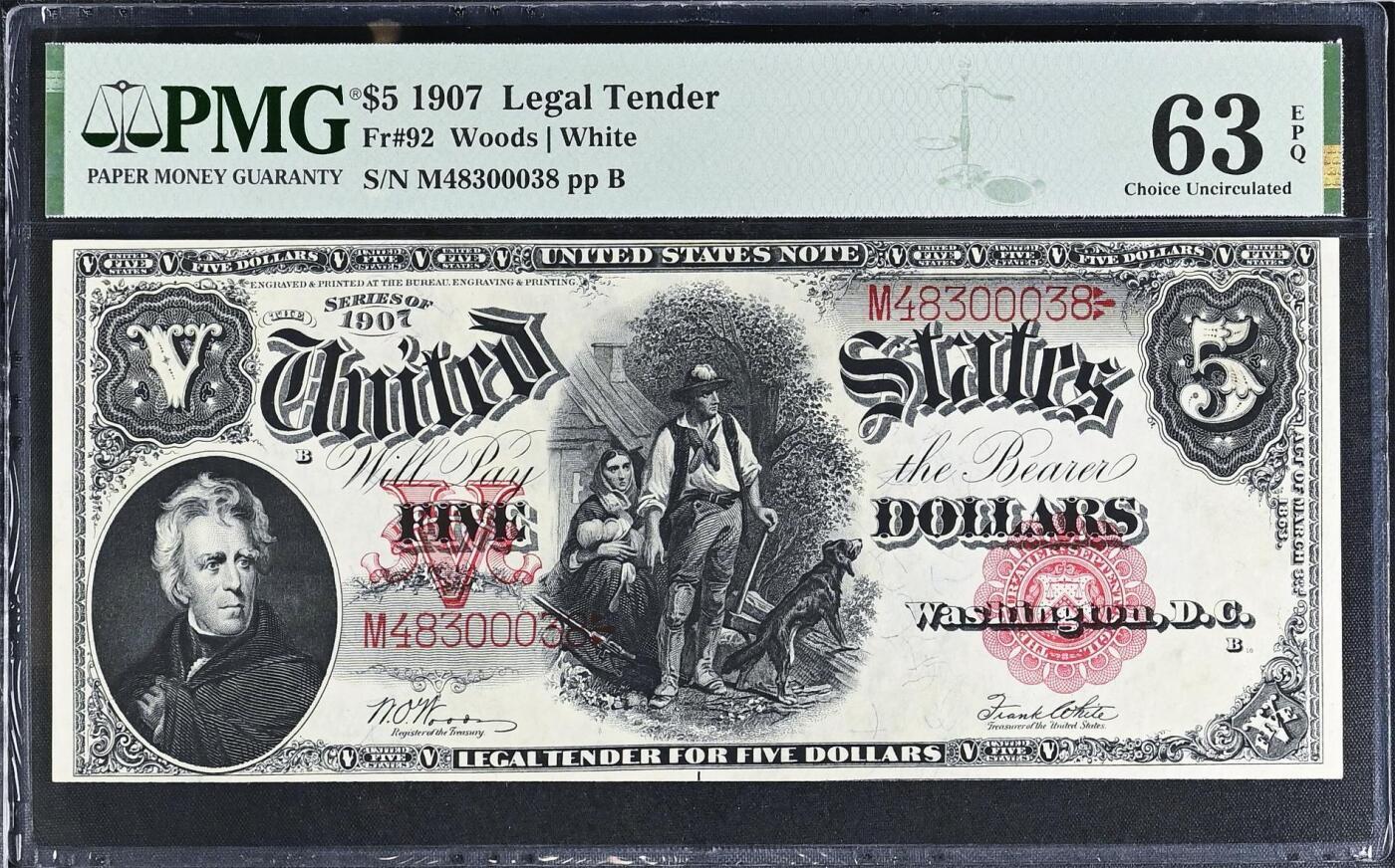 【Blue Auction】世界纸币精拍第765期——18级TOP拍卖/信誉/品质/专业/高效💫 【Fr.92少见Woods-White组合末签 该品种最后一个fr 评级量远少于常见的Fr.91仅占4%】美国 1907年5美金 经典伐木工 杰克逊 背绿 PMG63EPQ