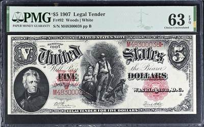 【Blue Auction】世界纸币精拍第765期——18级TOP拍卖/信誉/品质/专业/高效💫 - 【Fr.92少见Woods-White组合末签 该品种最后一个fr 评级量远少于常见的Fr.91仅占4%】美国 1907年5美金 经典伐木工 杰克逊 背绿 PMG63EPQ