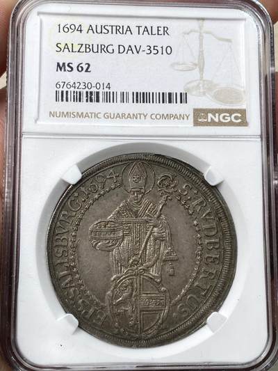 万国钱币拍卖第058期（万国新年大拍） - NGC MS62 1694年神圣罗马帝国萨尔茨堡主教区圣鲁伯特大泰勒 全深打欧陆均匀酱彩加持 不可多得的收藏品质