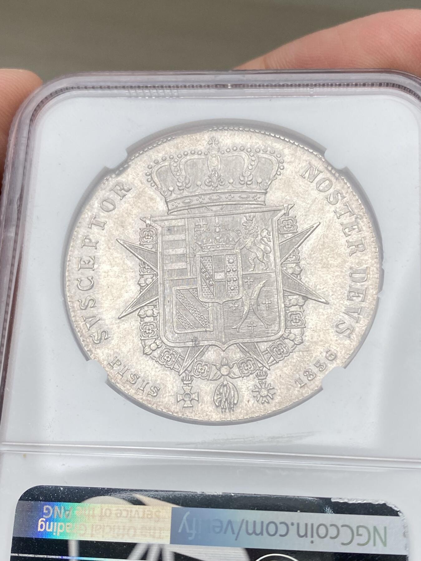 万国钱币拍卖第058期（万国新年大拍） NGC MS65 1846年意大利托斯卡纳利奥波德二世4菲奥里尼大银 醇厚欧陆淡金彩 光泽在底板上展开如丝绸般顺滑 极其罕见的BU级收藏品质 NGC冠军分