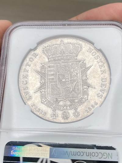 万国钱币拍卖第058期（万国新年大拍） NGC MS65 1846年意大利托斯卡纳利奥波德二世4菲奥里尼大银 醇厚欧陆淡金彩 光泽在底板上展开如丝绸般顺滑 极其罕见的BU级收藏品质 正面6点钟方向为坯缺 NGC冠军分