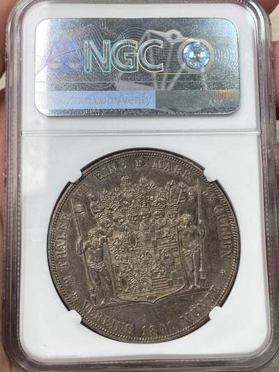 万国钱币拍卖第058期（万国新年大拍） NGC AU58 1841年德国施瓦茨堡-桑德斯豪森野人流通2泰勒 邦国时期2泰勒代表之作 独特的纹章设计令人过目难忘 因发行量稀少想入藏一枚好品难度极大 双面原味火烧云晚霞包浆 高点细节极佳