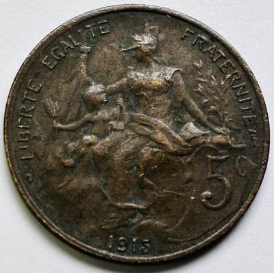 文馨钱币收藏第 286 场，圣诞节专场【 长期接收代拍品低至 0 佣金】 - 极美品 1915 年法兰西第三共和国 第三版本玛丽安娜女神 5 分铜币