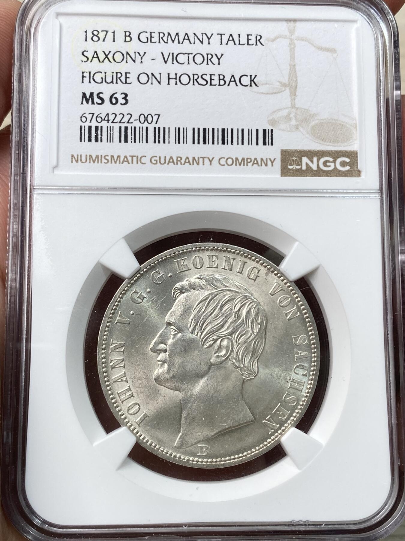 万国钱币拍卖第058期（万国新年大拍） NGC MS63 1871年德国萨克森普法战争胜利泰勒 经典骑马女武神 胜利泰勒系列中难度最大的品种 寒霜银光炸裂