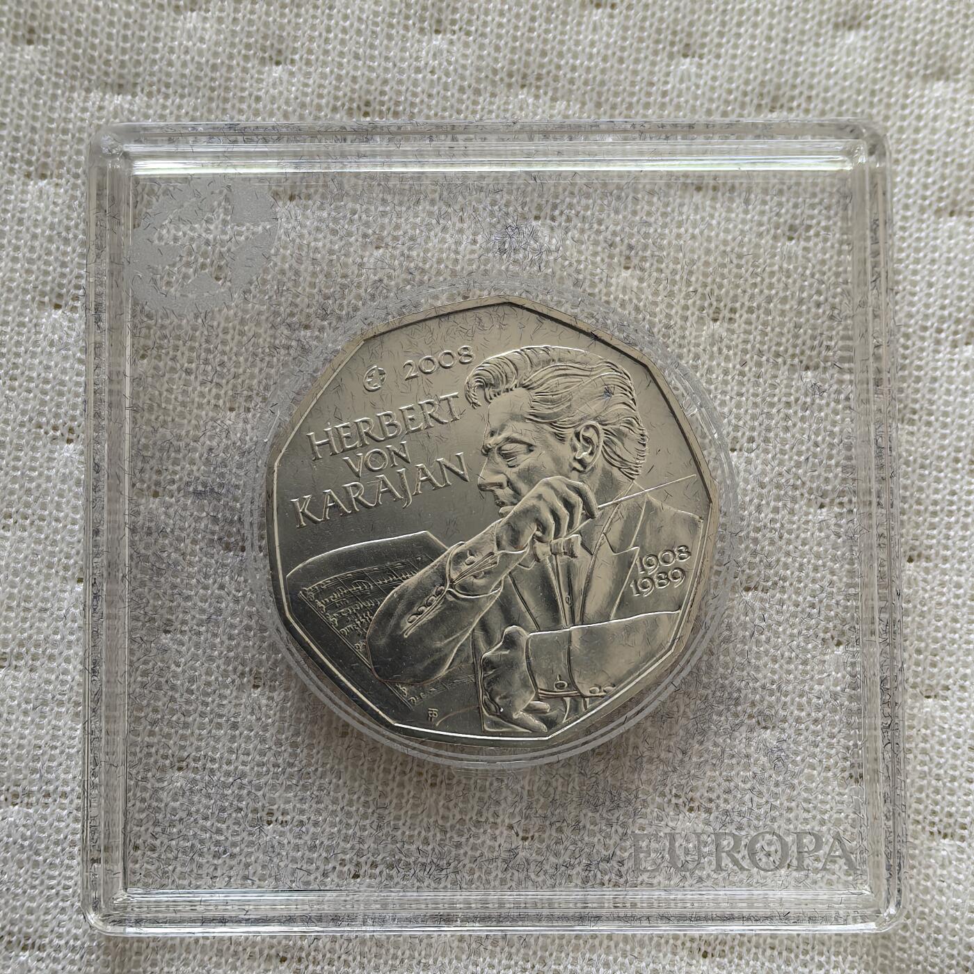 道一币馆币章第一百六十场 欧洲之星 奥地利2008年指挥家赫伯特·冯·卡拉扬诞辰百年5欧元银币  10g 800S 