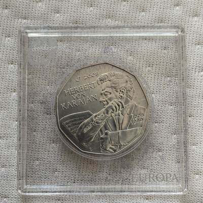 道一币馆币章第一百六十场 - 欧洲之星 奥地利2008年指挥家赫伯特·冯·卡拉扬诞辰百年5欧元银币  10g 800S 