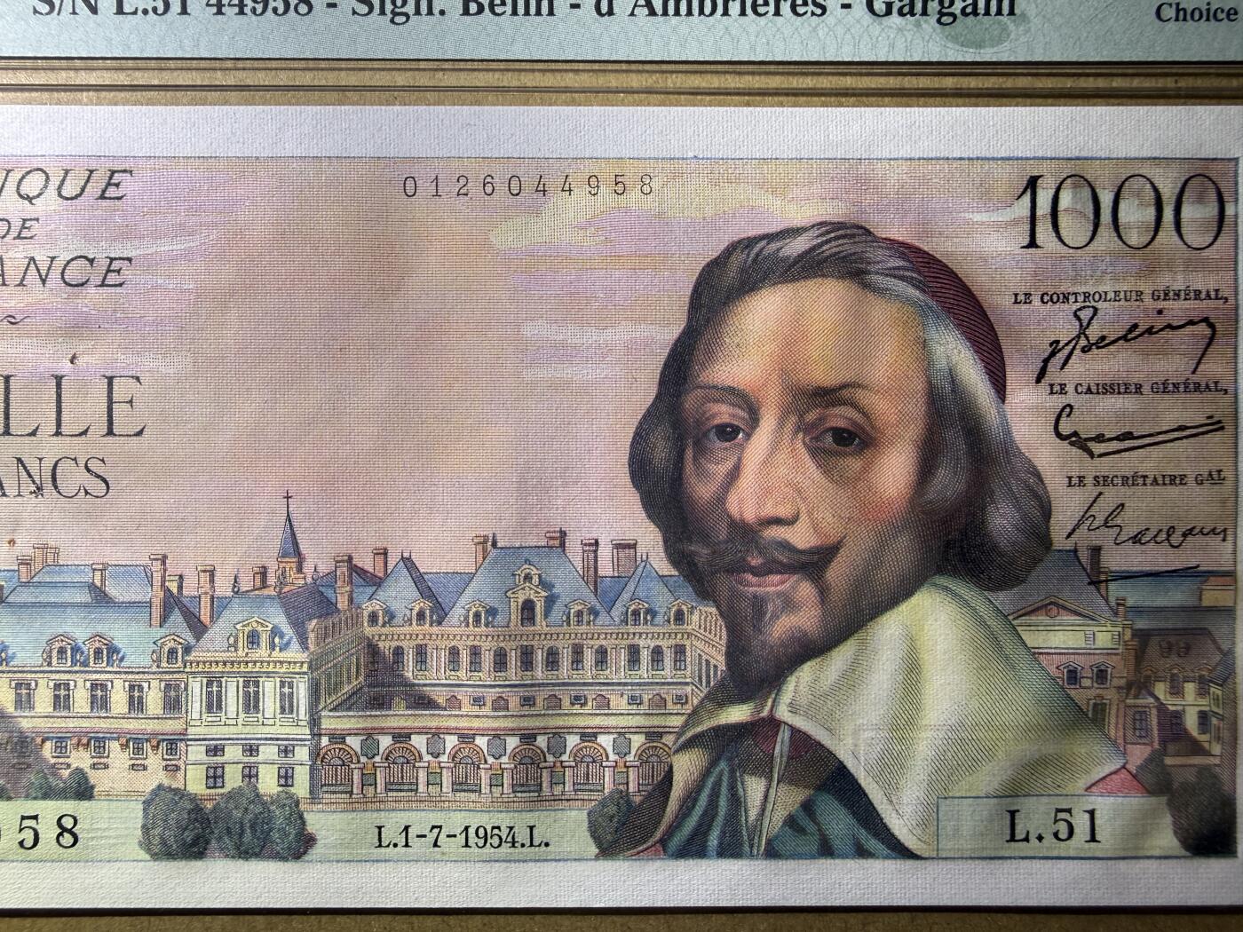 《艾美收藏》第225期-12.15周日外币精选场 法国1000法郎 PMG63 1954年 法国政治家黎塞留 改值前版本 原票 仅因为有针孔