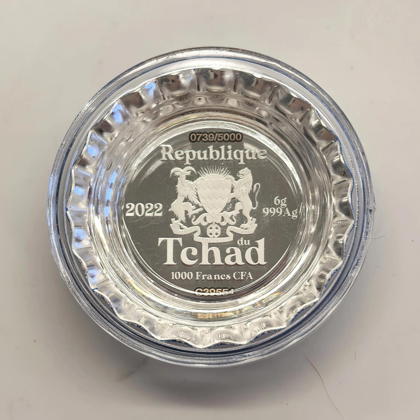 博洋堂世界钱币拍卖第153期（全场包邮） 乍得2022年1000中非法郎彩色精制银币 凡高瓶盖 6克999银 发行量：5千 盒证全（盒就是证）