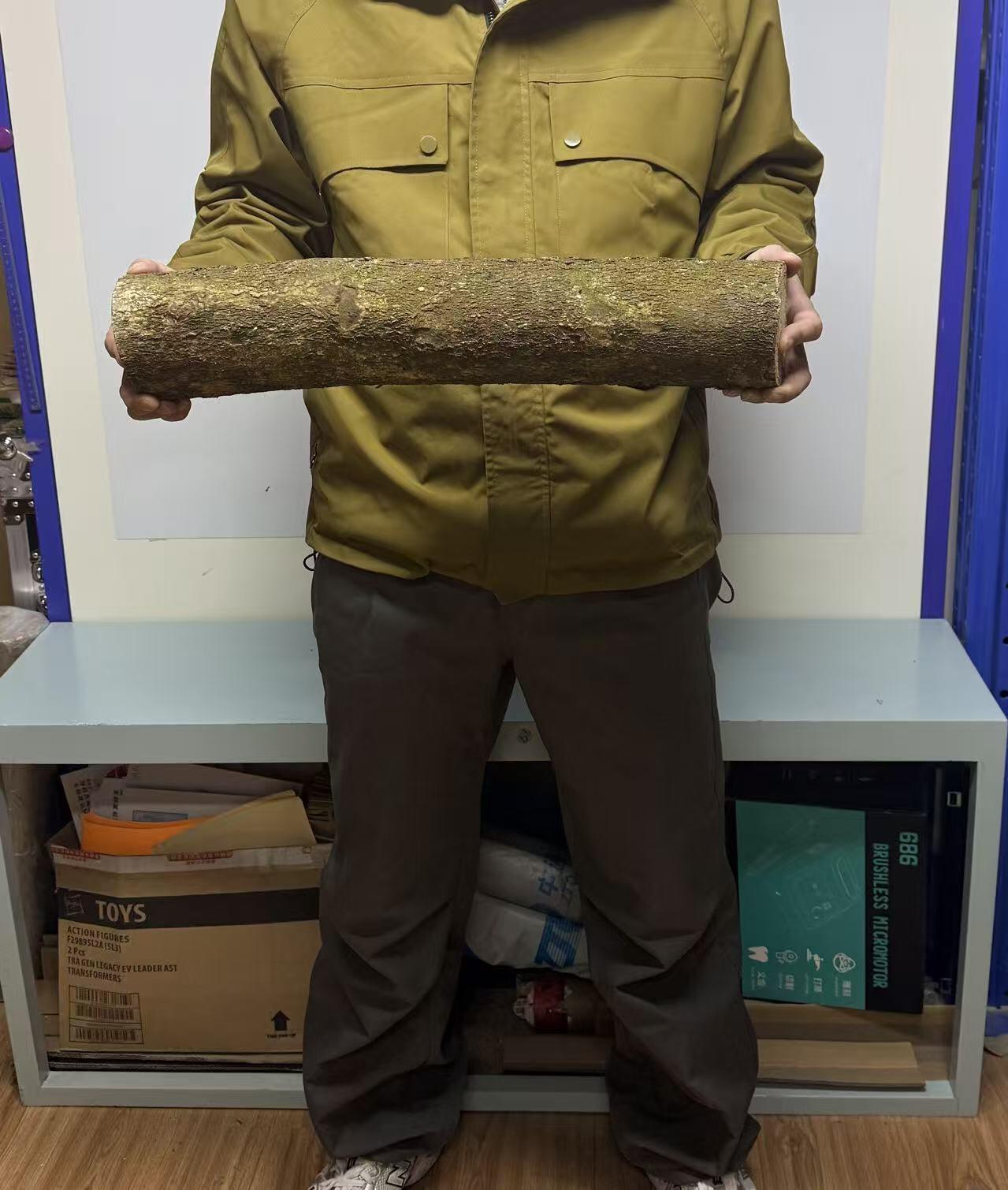 零元拍： 251218-1 金丝楠 原木 风水柱 横财（材）带皮， 尺寸：50/9.5/9.5CM。抛光后金灿灿满香。最后一图为成品效果。