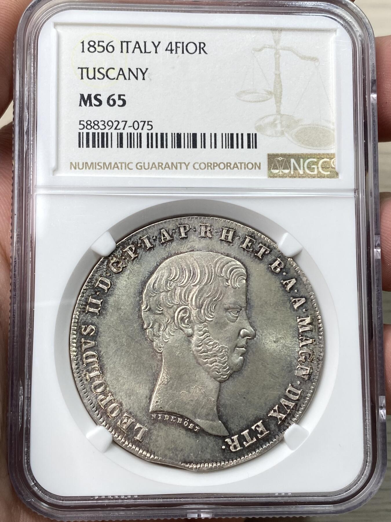 万国钱币拍卖第058期（万国新年大拍） NGC MS65 1846年意大利托斯卡纳利奥波德二世4菲奥里尼大银 醇厚欧陆淡金彩 光泽在底板上展开如丝绸般顺滑 极其罕见的BU级收藏品质 NGC冠军分