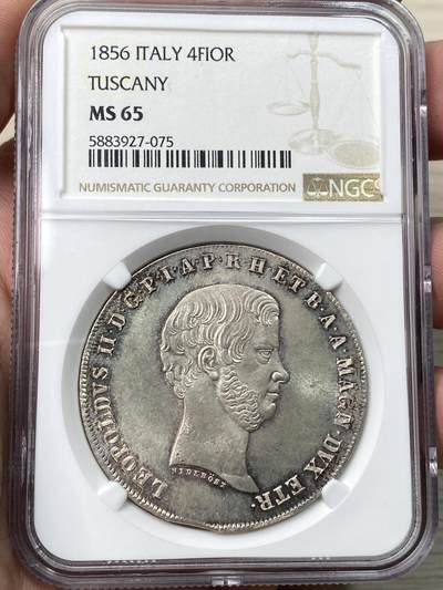 万国钱币拍卖第058期（万国新年大拍） - NGC MS65 1846年意大利托斯卡纳利奥波德二世4菲奥里尼大银 醇厚欧陆淡金彩 光泽在底板上展开如丝绸般顺滑 极其罕见的BU级收藏品质 NGC冠军分